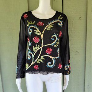 FORWEAR New York Black Mesh Floral Sequin Top Large L